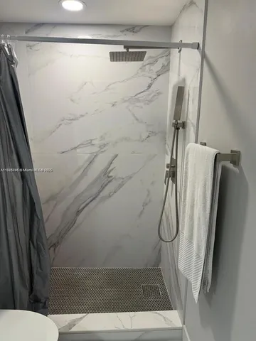 a bathroom with a shower and toilet