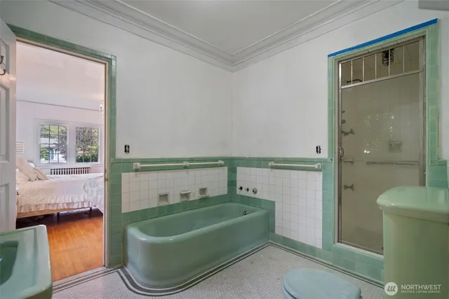 a bathroom with a tub a toilet and a shower