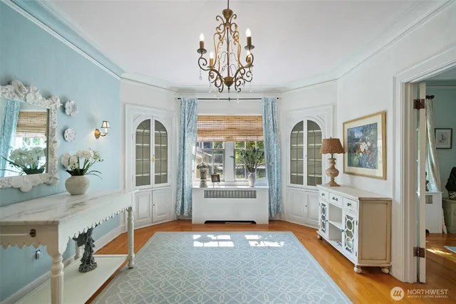a view of an entryway with chandelier