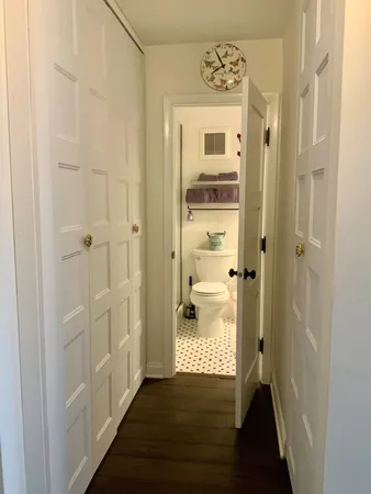 a view of a bathroom with wooden floor