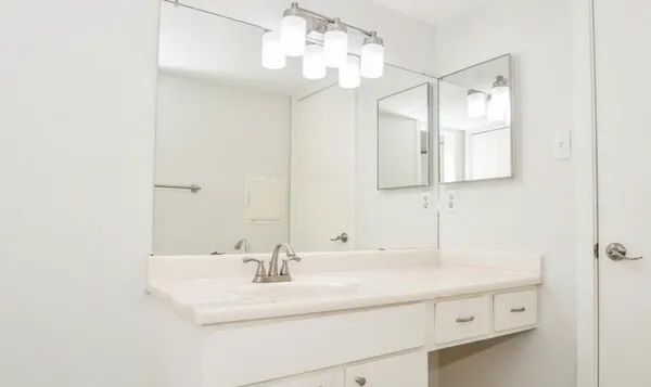 a bathroom with a sink vanity and a mirror