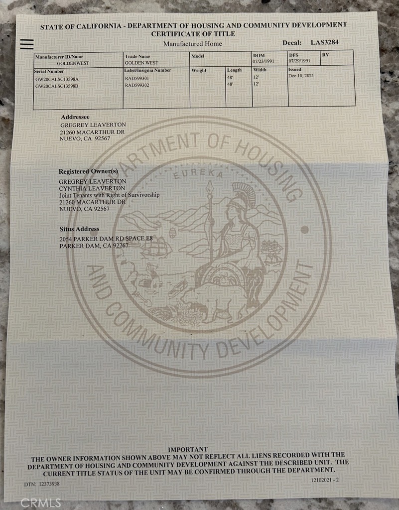 2054 Parker Dam Road, Unit E8 Earp, CA 92242 - Photo 2 of 75 DOH Title Manufactured Home