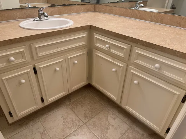 a bathroom with a sink and a mirror