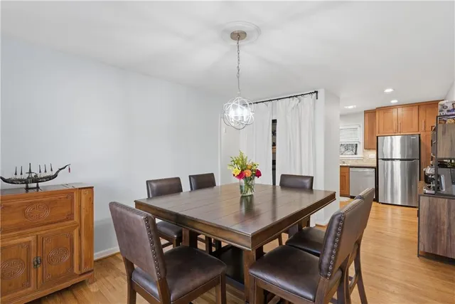 a view of a dining room with furniture