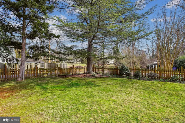 a view of a yard with a house in the background