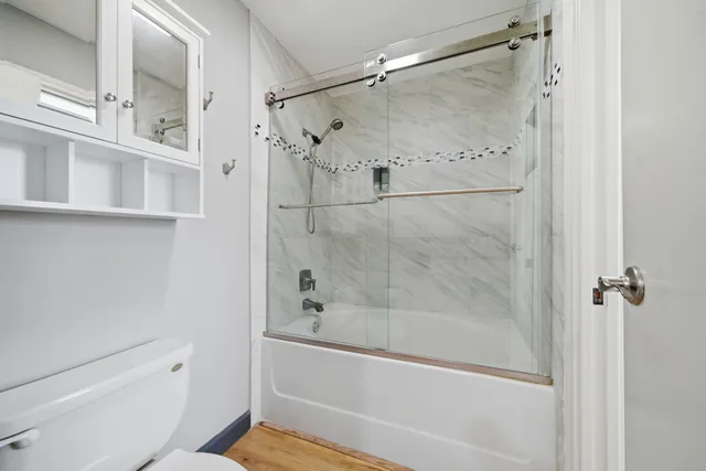 a bathroom with a shower and a toilet