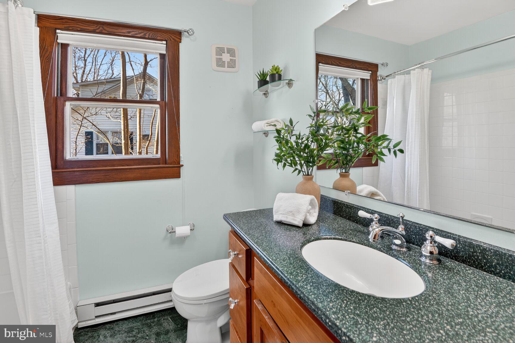 22769 Almost Neavitt Road Bozman, MD 21612 - Photo 29 of 44 a bathroom with a granite countertop toilet a sink and a mirror