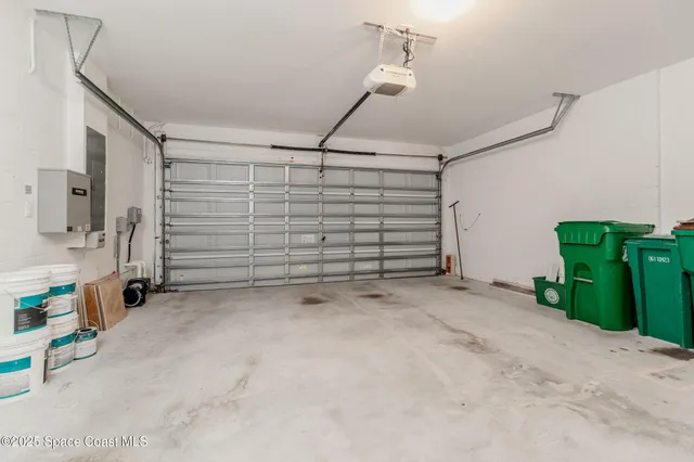 a view of a garage with storage