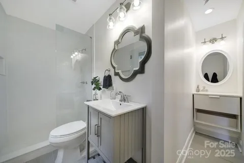 a bathroom with a sink mirror and toilet