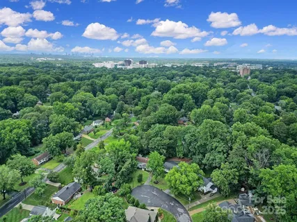 a view of a city with lush green forest