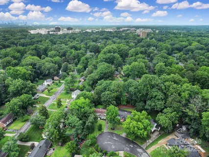 a view of a city with lush green forest