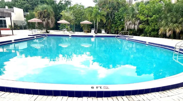 a view of a swimming pool with a yard
