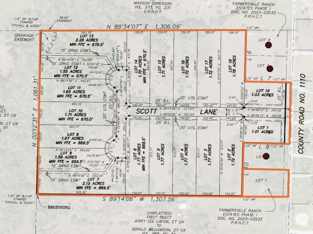 Lot 4 Co Road Farmersville, TX 75442 - Photo 3 of 11 Plat Map. Illustrating the layout of multiple lots within a designated area, including acreage, minimum finished floor elevations, and easements