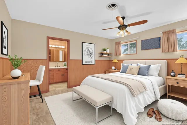 a bedroom with a bed and dresser