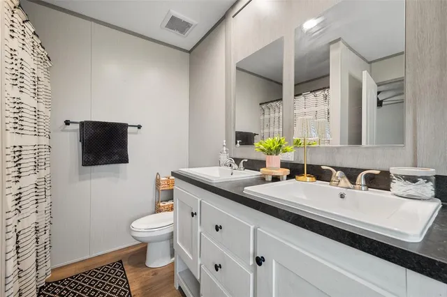 a bathroom with a sink a toilet and mirror