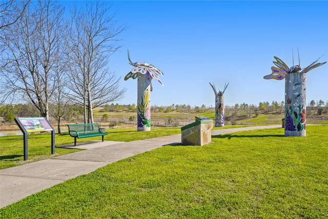 a view of a park that has large trees