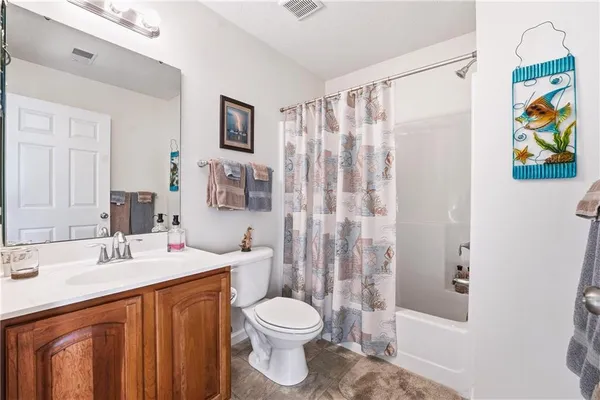 a bathroom with a sink a toilet and shower curtain
