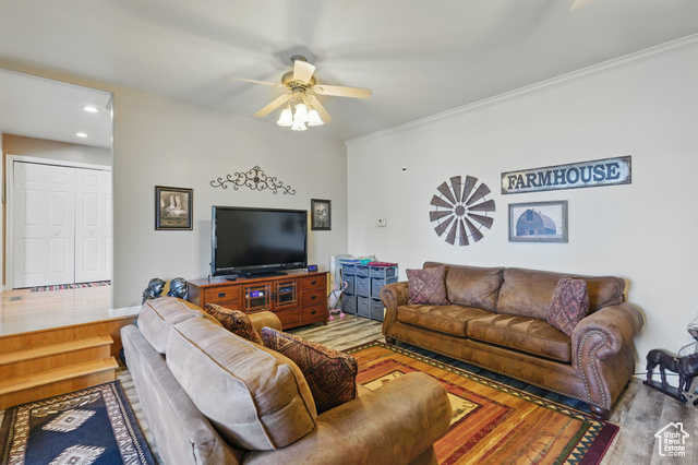 2490 South State Street Springville, UT 84663 - Photo 24 of 38 Living room featuring wood finished floors, a ceiling fan, crown molding, and recessed lighting