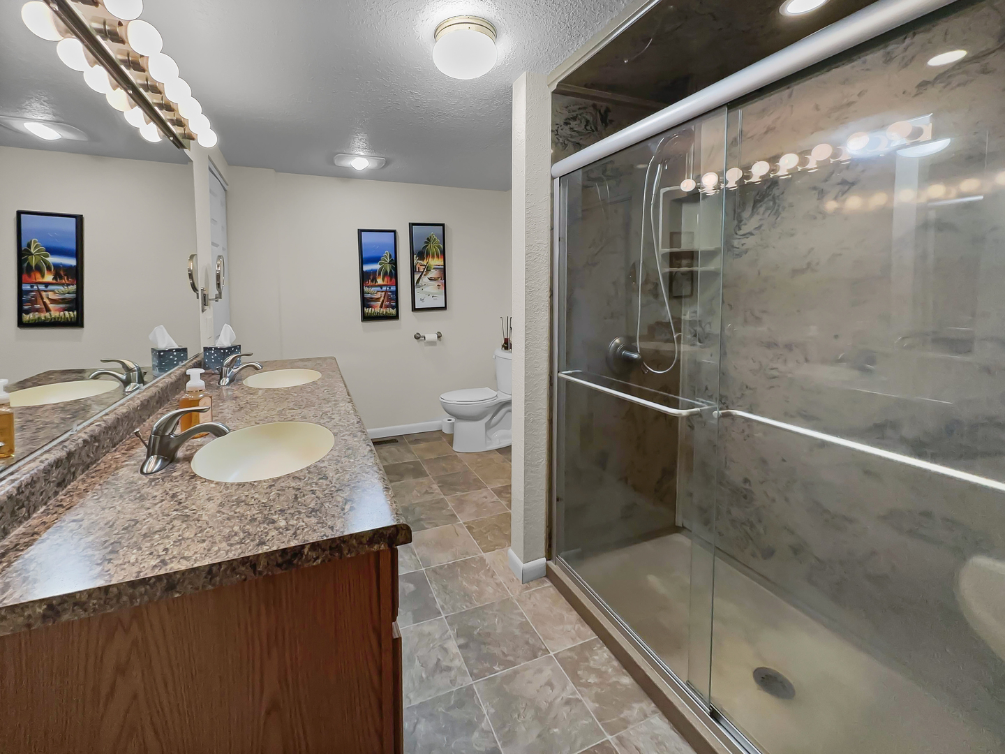 2604 East 1100 North Road Milford, IL 60953 - Photo 18 of 44 a bathroom with a granite countertop sink a toilet and shower