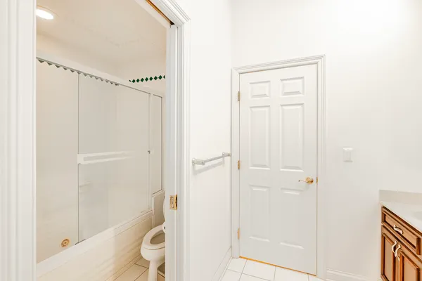 a bathroom with a shower and a toilet