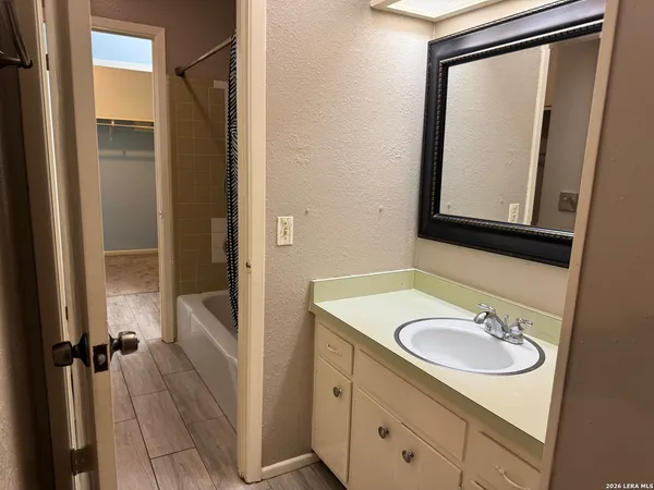 a bathroom with a bathtub