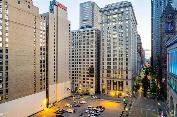 a city view with tall buildings