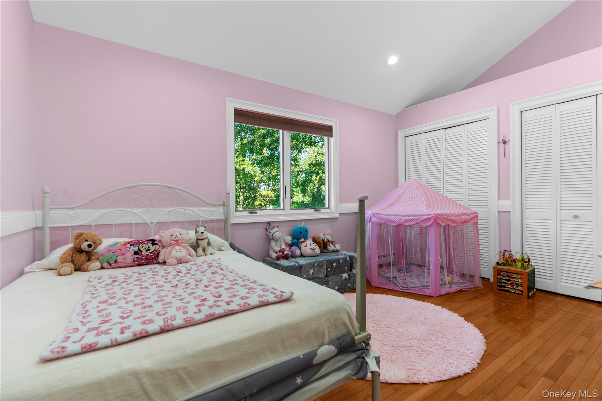 28 Annandale Road Commack, NY 11725 - Photo 20 of 29 Bedroom with vaulted ceiling, wood-type flooring, two closets, and recessed lighting