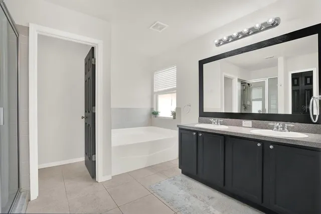 a bathroom with a bathtub a double vanity sink and mirror
