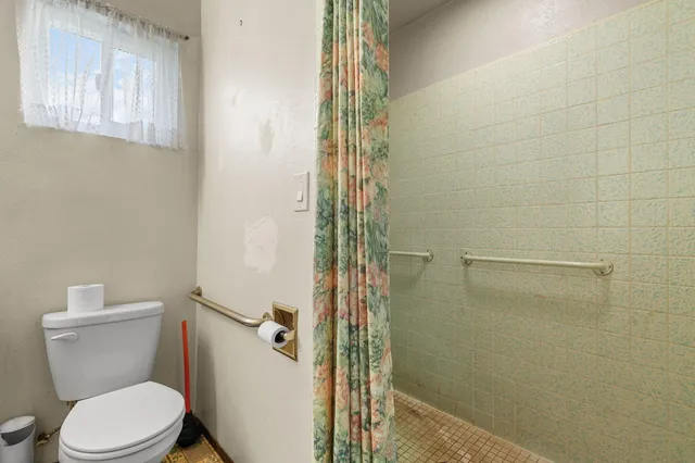 a white toilet sitting next to a shower