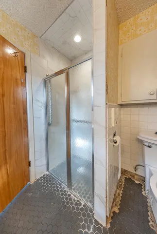a bathroom with a shower and a sink