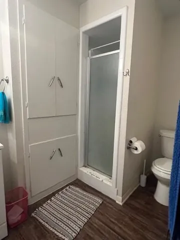 a bathroom with a toilet and a shower