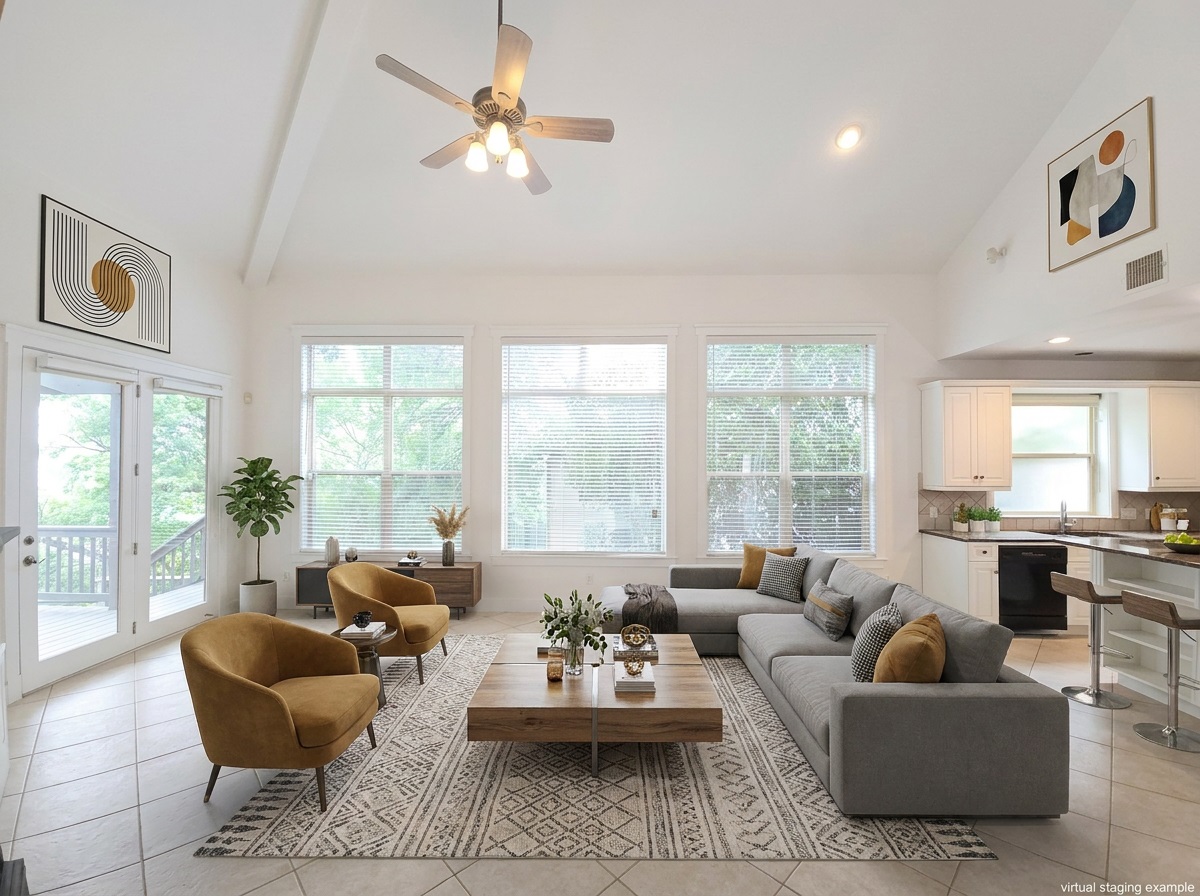 2800 Waymaker Way, Unit 24 Austin, TX 78746 - Photo 3 of 14 Spacious living area featuring vaulted ceilings, ample natural light from multiple windows, and direct access to an outdoor deck