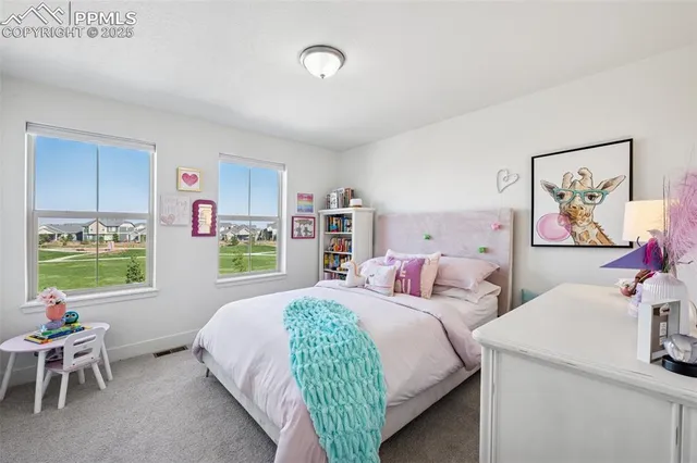 a bedroom with bed and book shelf