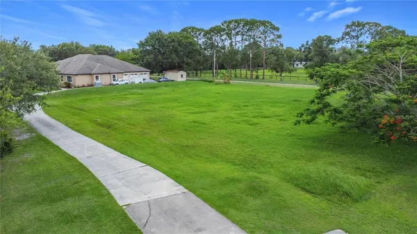a view of a grassy field with an trees