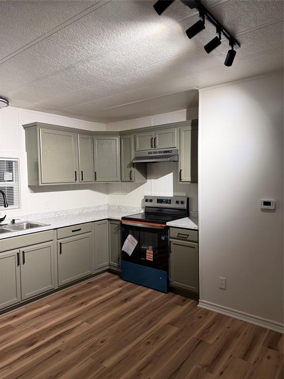 305 West Bryant Street Elm Mott, TX 76640 - Photo 6 of 19 Kitchen with gray cabinets, range, rail lighting, a textured ceiling, and dark wood finished floors