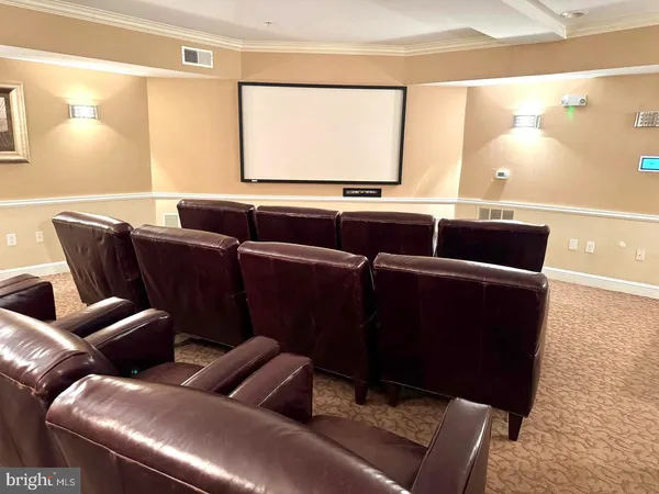 a projector room with a couch and a coffee table