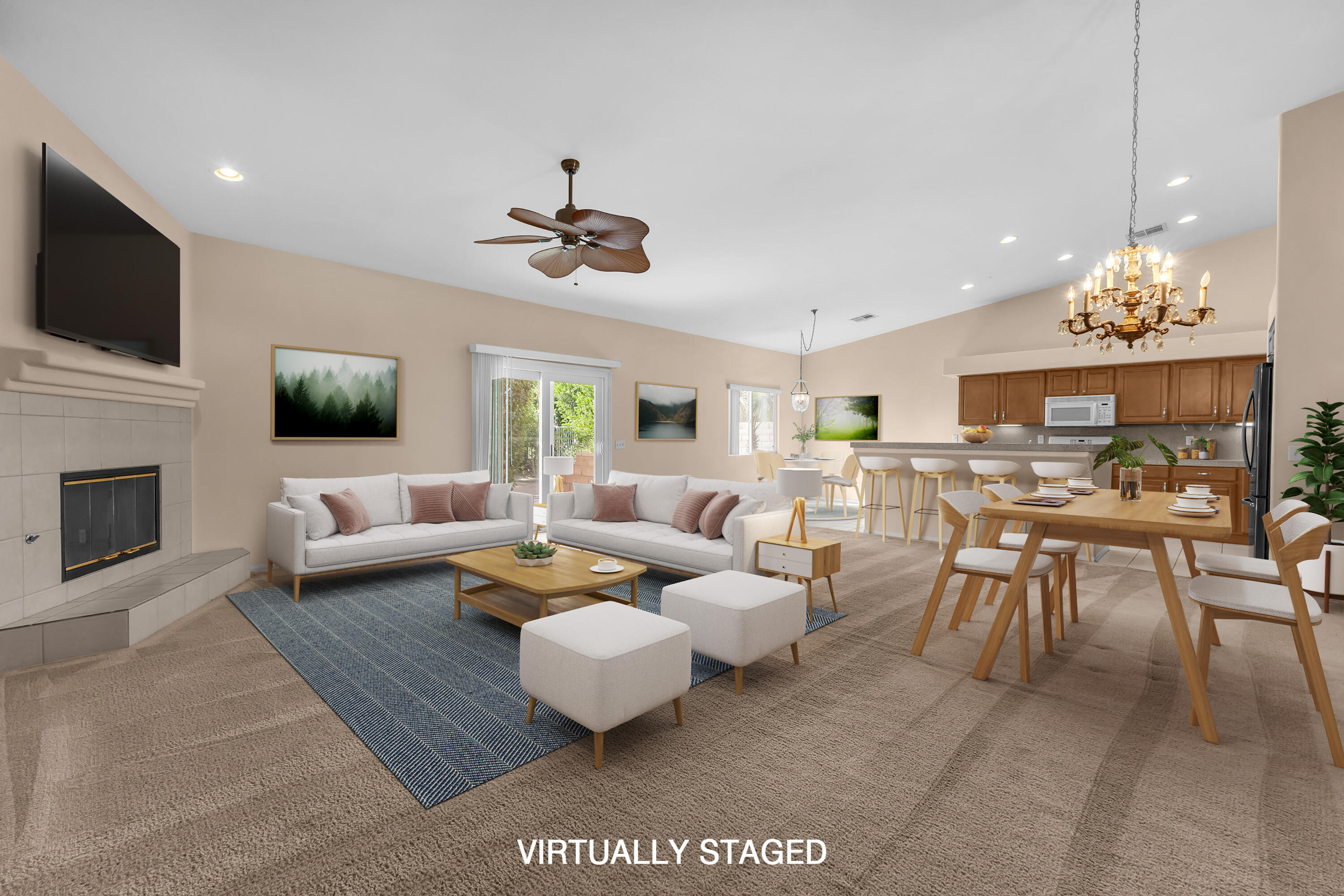 48690 Hepburn Drive Indio, CA 92201 - Photo 5 of 36 a living room with fireplace furniture and a flat screen tv