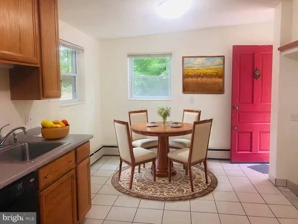 a view of a dining room with furniture