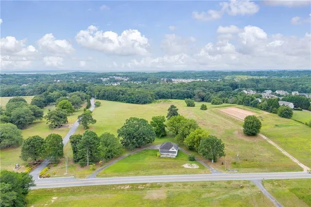 a view of a lake in middle of the town