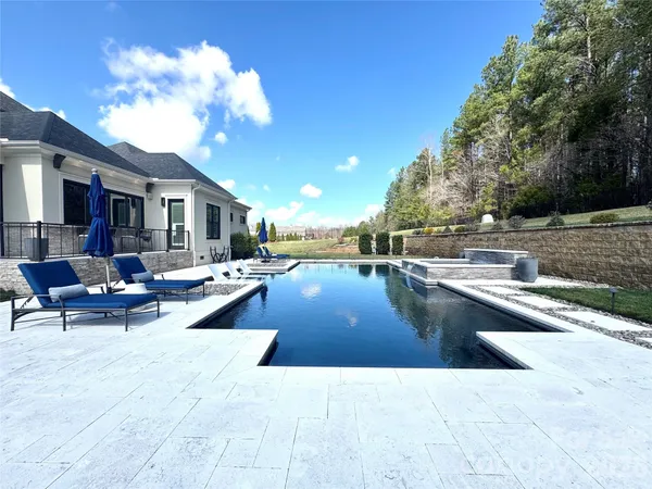 a view of a swimming pool and lounge chair