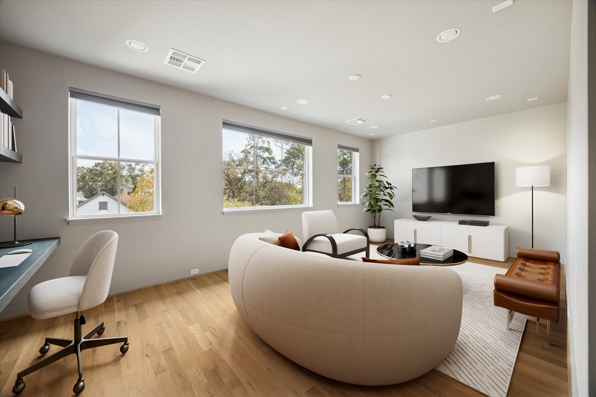 4219 Alba Road Houston, TX 77018 - Photo 18 of 37 Spacious game room with hardwood floors, recessed lighting, and multiple windows providing abundant natural light. *VIRTUALLY STAGED*