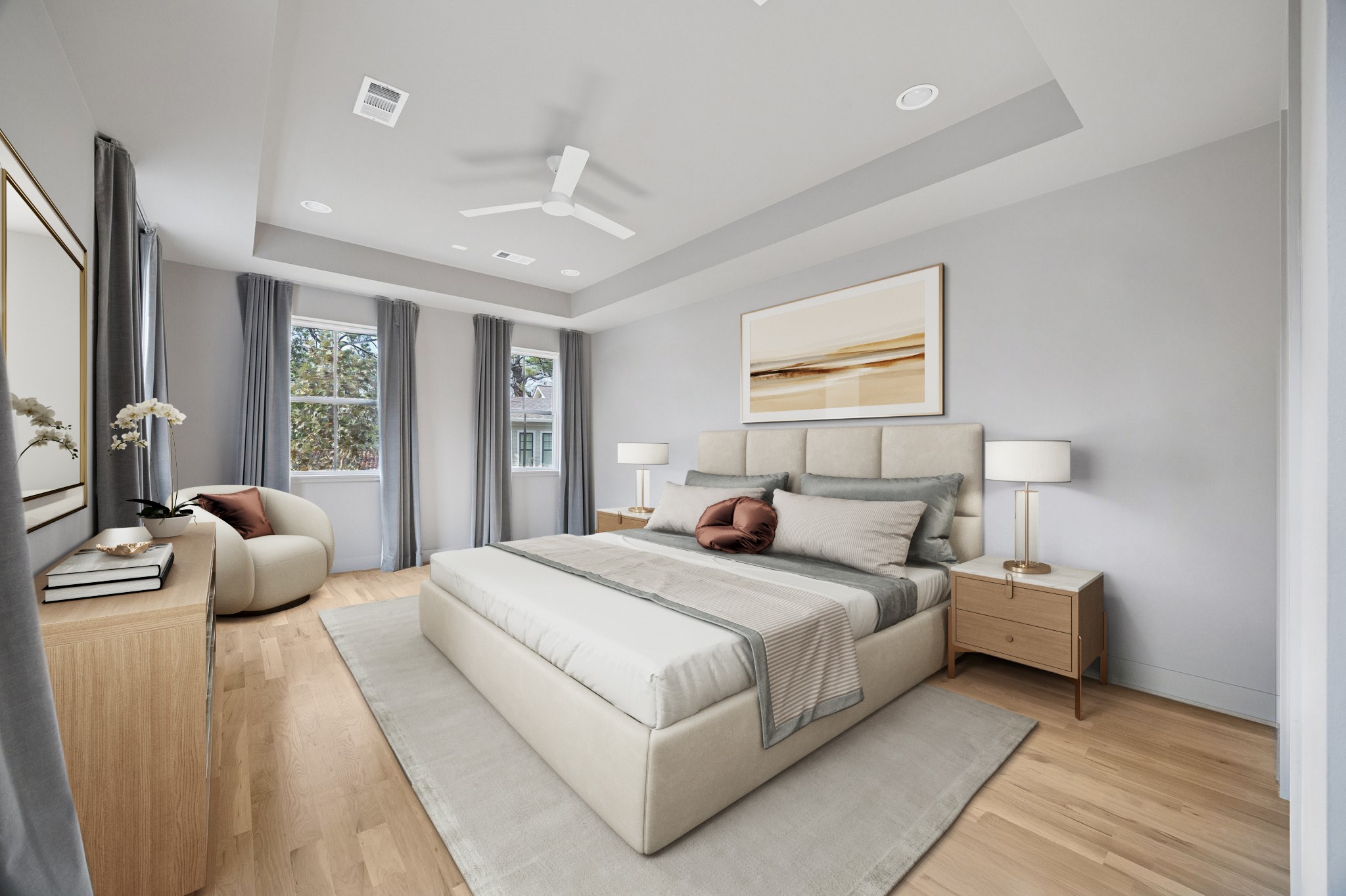 4219 Alba Road Houston, TX 77018 - Photo 20 of 37 Light-filled primary bedroom showcasing hardwood floors, tray ceiling with ceiling fan, and oversized windows for a serene retreat. *virtually staged*