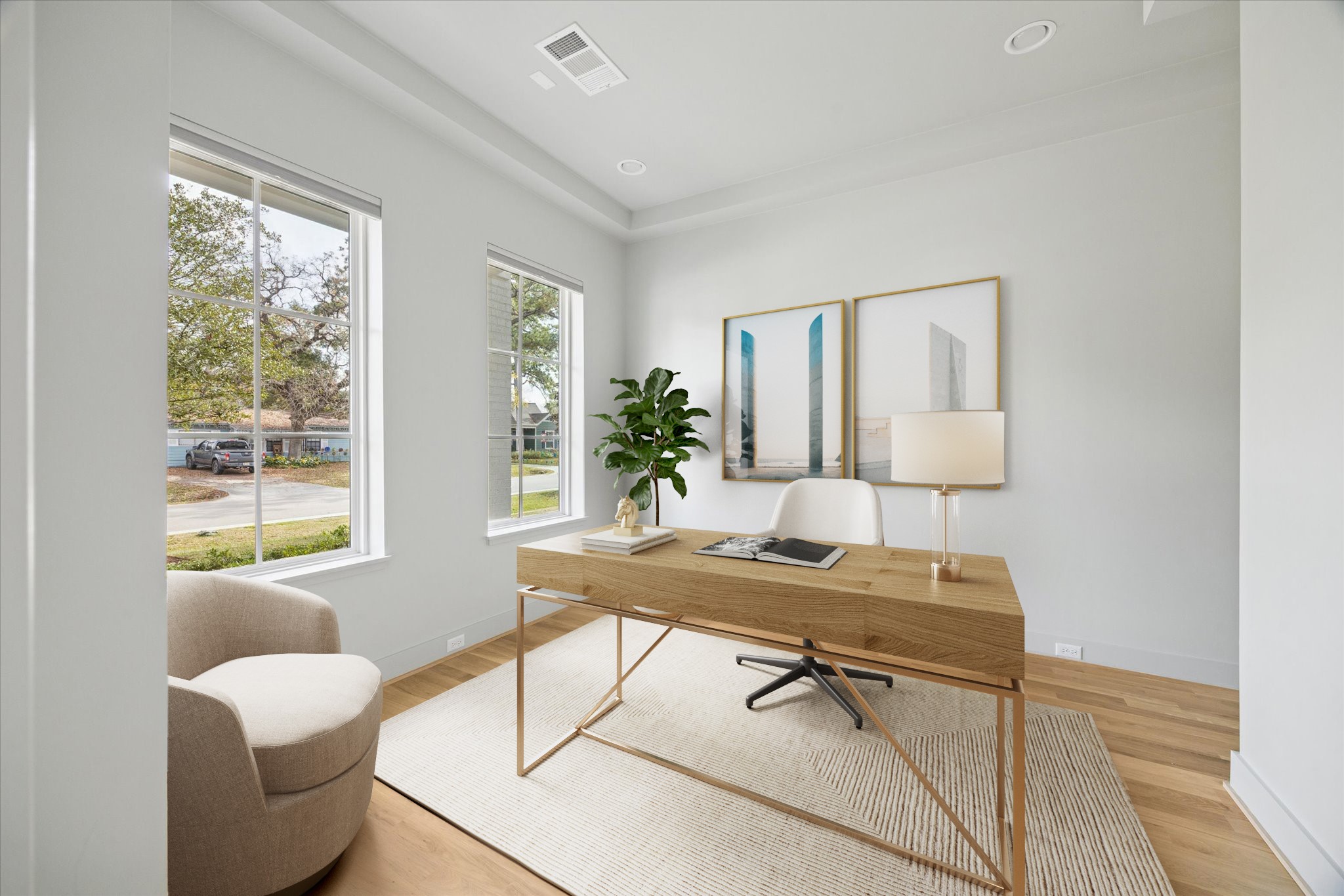 4219 Alba Road Houston, TX 77018 - Photo 3 of 37 Light-filled front room with oversized windows, hardwood flooring, and neutral finishes—ideal for a home office, guest suite, or flex space. *VIRTUALLY STAGED*