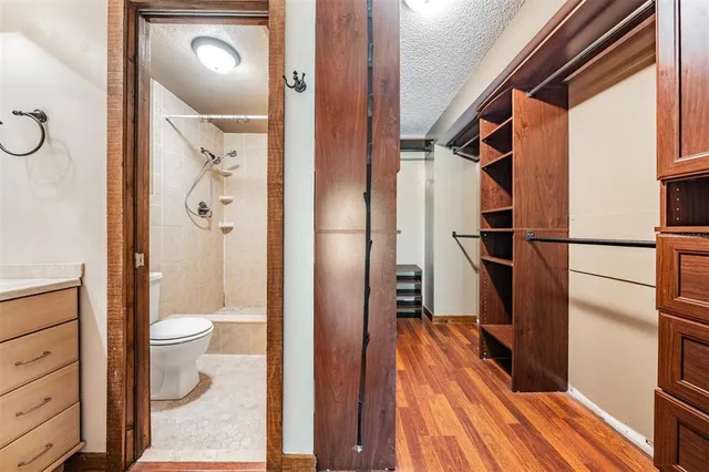 a bathroom with a toilet and a shower