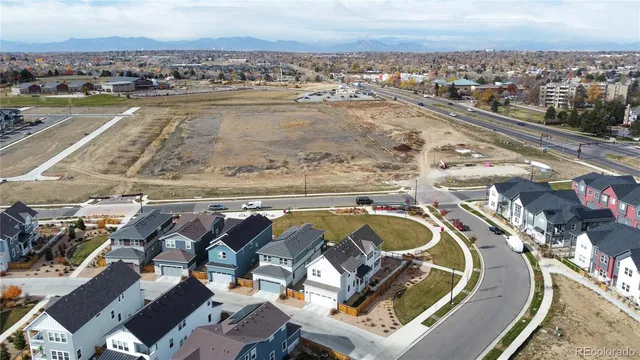 an aerial view of a swimming pool and outdoor space