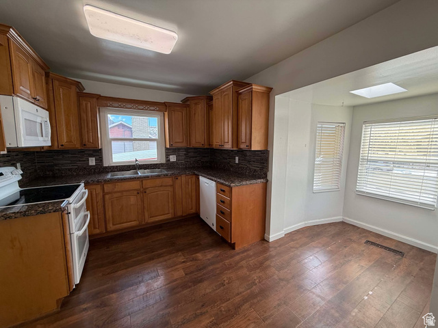 73 Garden Street Helper, UT 84526 - Photo 10 of 36 Kitchen with white appliances, wood finish cabinetry, dark wood-style flooring, and decorative backsplash