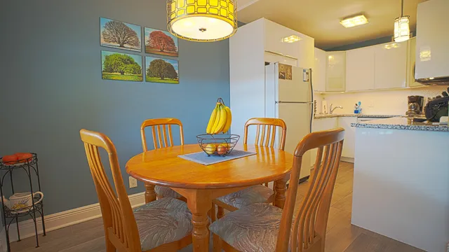 a view of a dining room with furniture