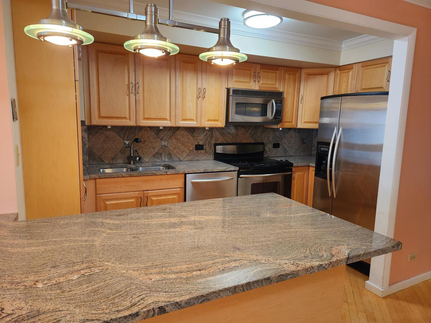 40 East 9th Street, Unit 1604 Chicago, IL 60605 - Photo 9 of 25 a kitchen with stainless steel appliances granite countertop a sink a stove and refrigerator