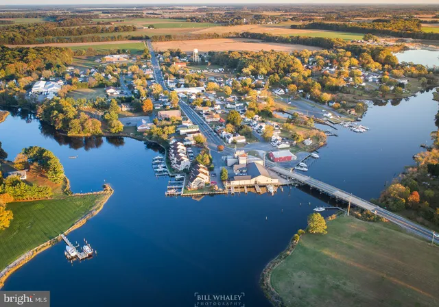 a view of a lake in middle of the town