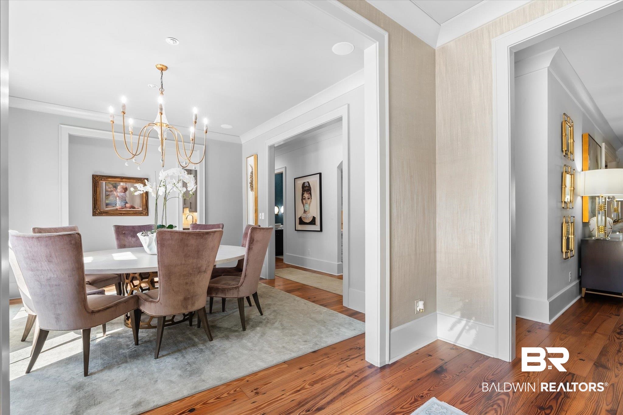 320 Long Court Mobile, AL 36608 - Photo 5 of 61 Dining room with an inviting chandelier, hardwood / wood-style flooring, and crown molding